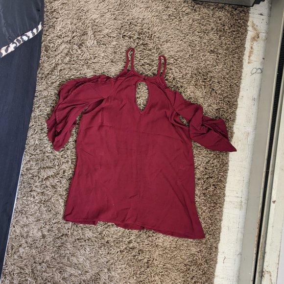 Red Maroon Open Shoulder Top Made in Italy Blue Rain Floral Embroidered Women XS - Picture 2 of 6